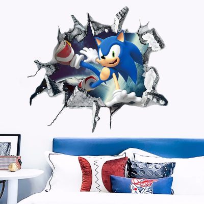 Cartoon Stickers Sonic The Hedgehog Creative Children s Room Bedroom 3D Broken Wall Self adhesive PVC - Sonic Merch Store
